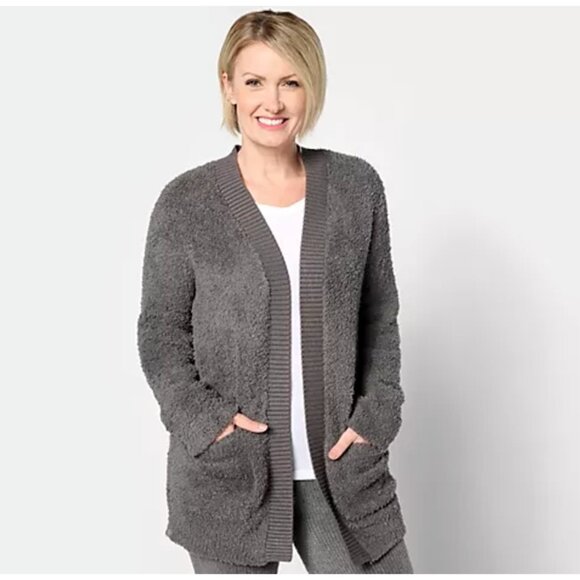 Barefoot Dreams Women Cardigan ~ CozyChic Ribbed Knit Trim Jacket Gray L A615050 - Picture 1 of 6